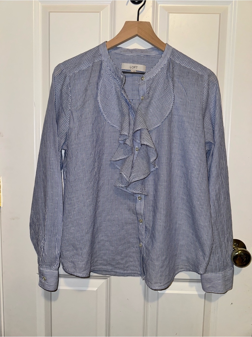 LOFT Blue and White Striped Ruffle Front Blouse